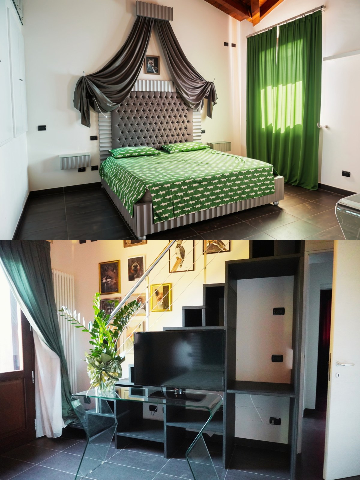 Letto della Suite Timo con baldacchino verde e testiera capitonné